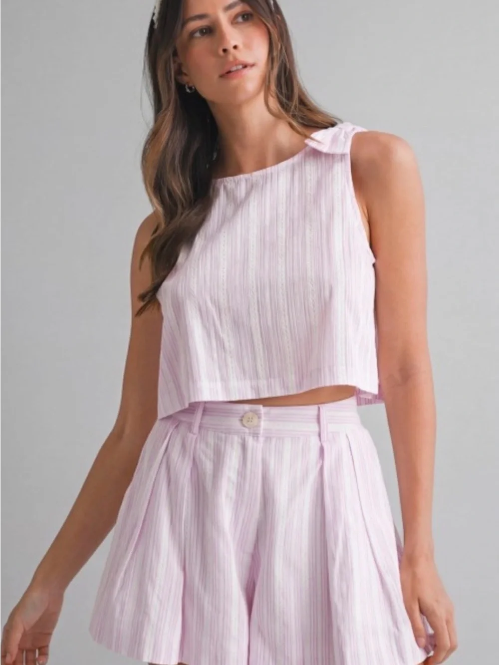 Light Pink Striped Crop Top & Shorts Set